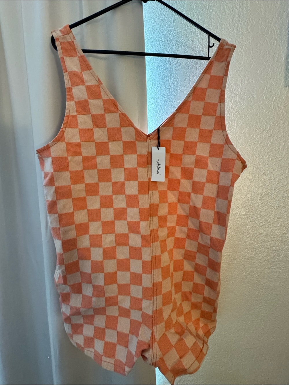 Nasty Gal Orange and Cream Checkerboard Sleeveless Bodysuit